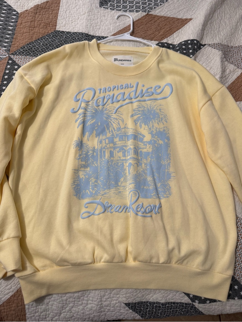 No Boundaries Yellow Crewneck with Light Blue 'Tropical Paradise' Graphic